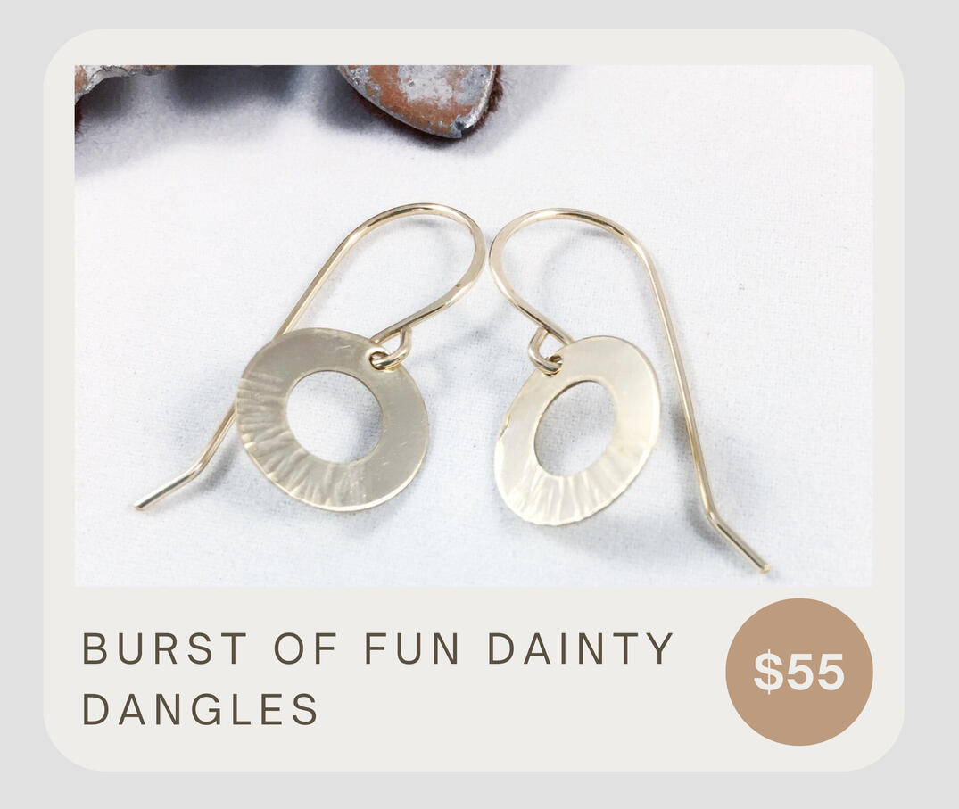 Classic artisan hammered 14k gold fill hollow disc earrings.The disc is hammered with a sunburst line effect of the bottom half of the disc. These are 1/2" 14k gold fill hollow discs and they dangle about 1 inch from top of ear wire to bottom of the discs.
