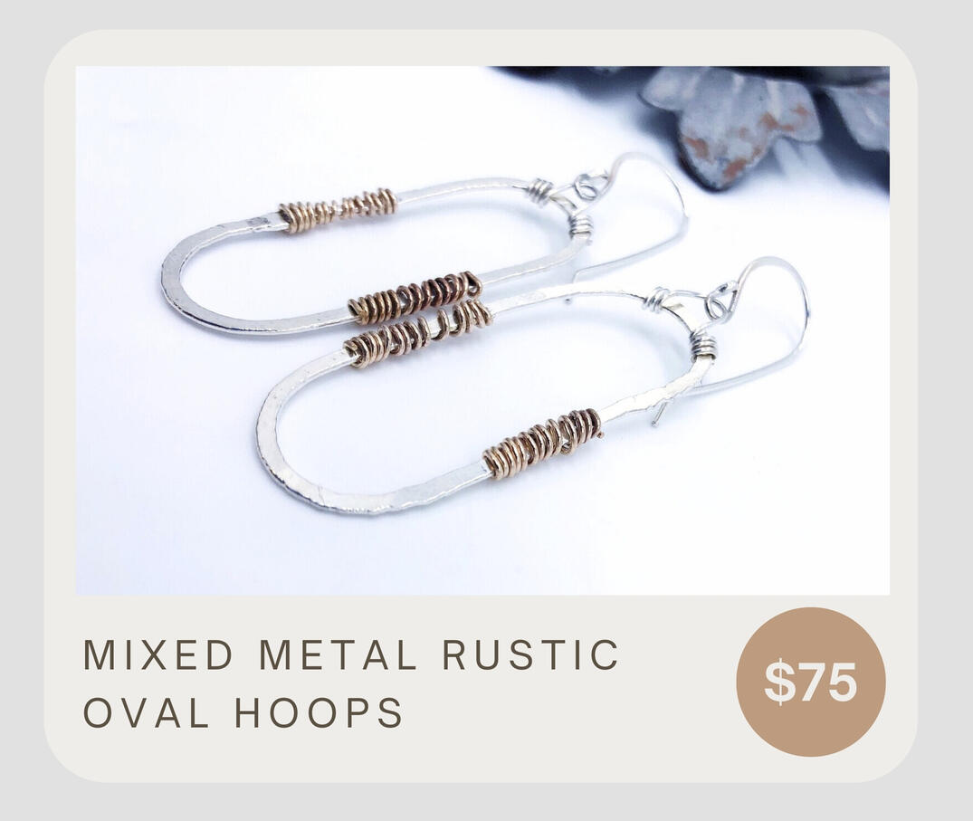 Oval Soirée Hoops. Artisan hammered hoops made with .999 fine silver and 14k gold fill wire wrapping. Funky loops that are full of character!