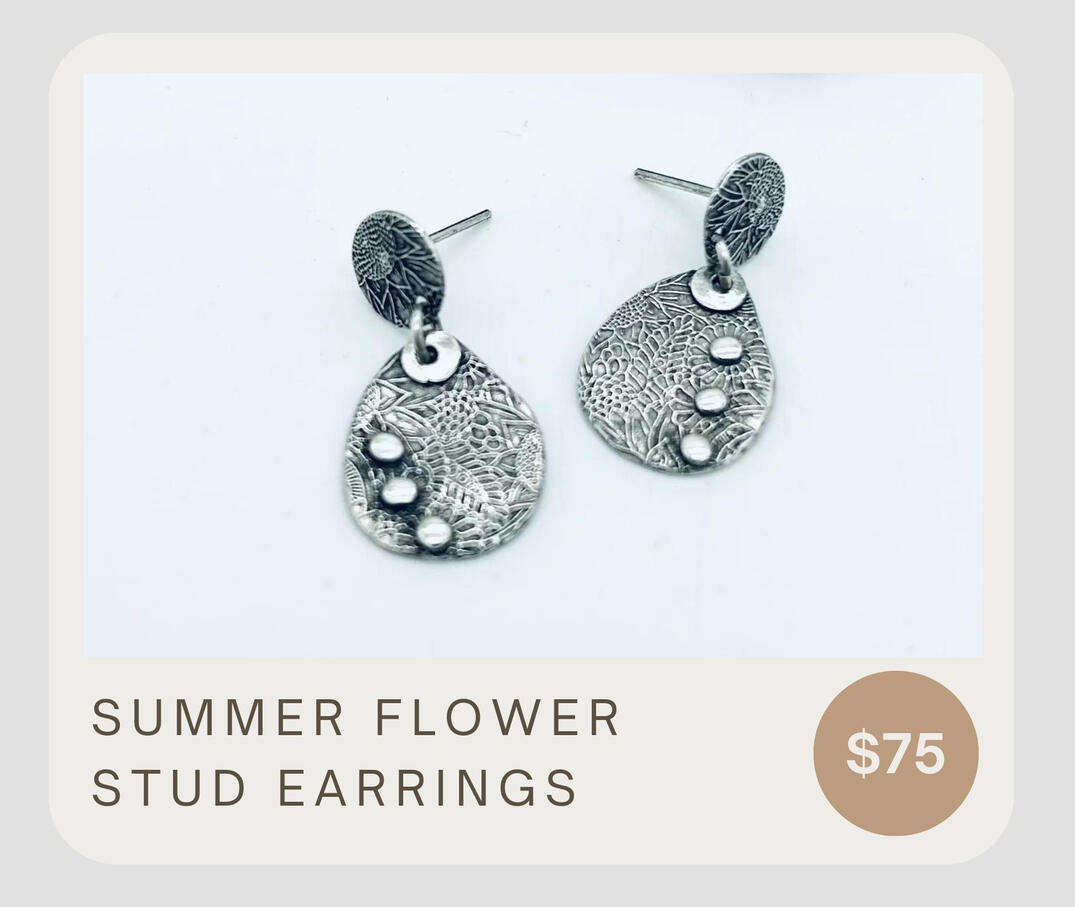 Intricate floral designs adorn these delicate stud earrings, complete with fine silver dangles & sterling silver ear wires.