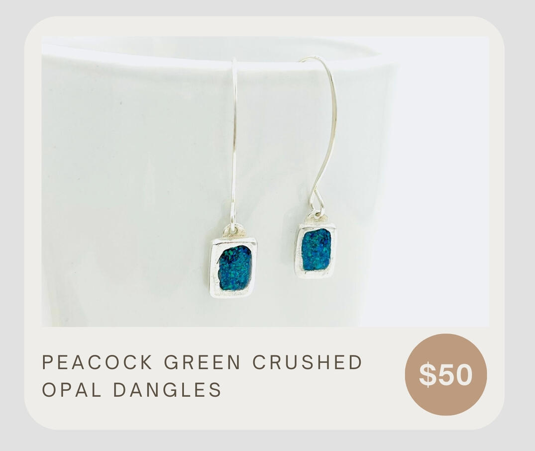 Peacock green crushed opal dangles! Specs of blue and green that will catch the light. These are dainty and light and made of fine silver. Ear wires are .925 silver.
