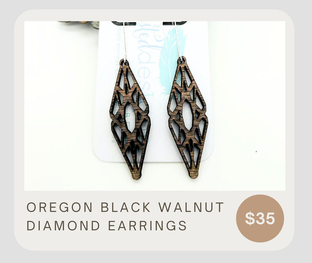 Laser cut Diamond shape earrings made from Oregon grown Black Walnut & sterling silver ear wires.