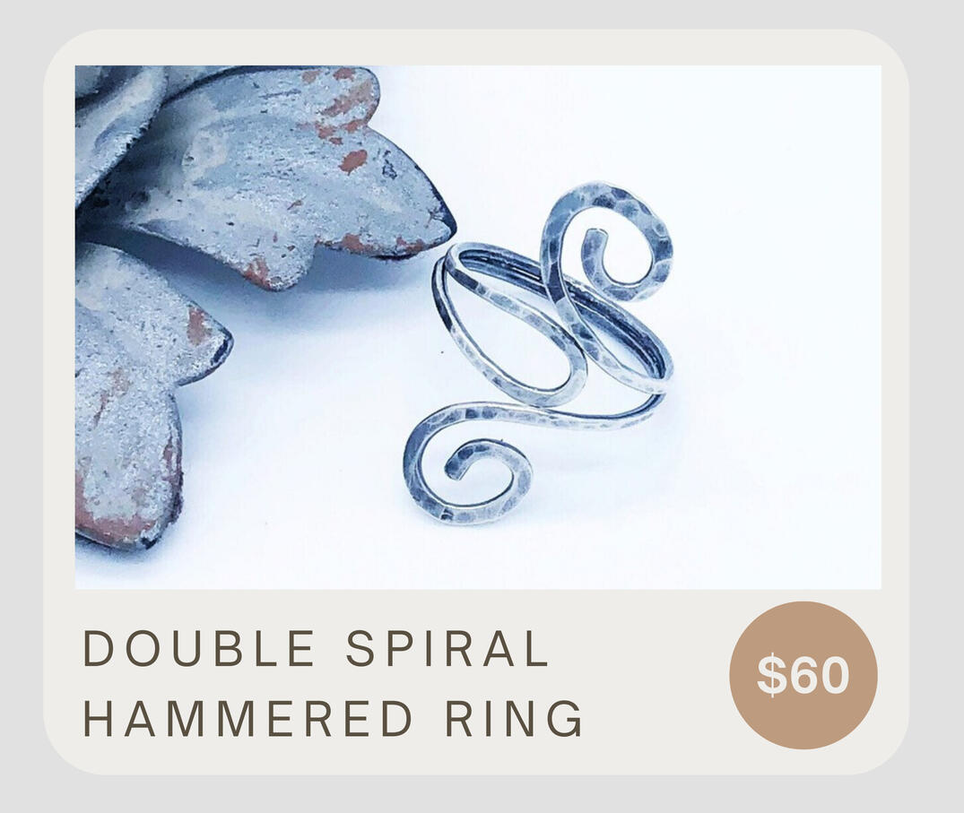 Double spiral ring. Handmade, hammered, and soldered .925 sterling silver solitaire ring . Made to order in your size (size 4-10). 3-5 production days before shipping. You'll be sure to catch eyes with this ring!