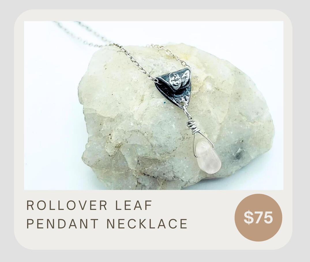 Featuring a sterling silver 16" chain, this necklace showcases a fine silver leaf pendant with a beautiful Rose Quartz charm.